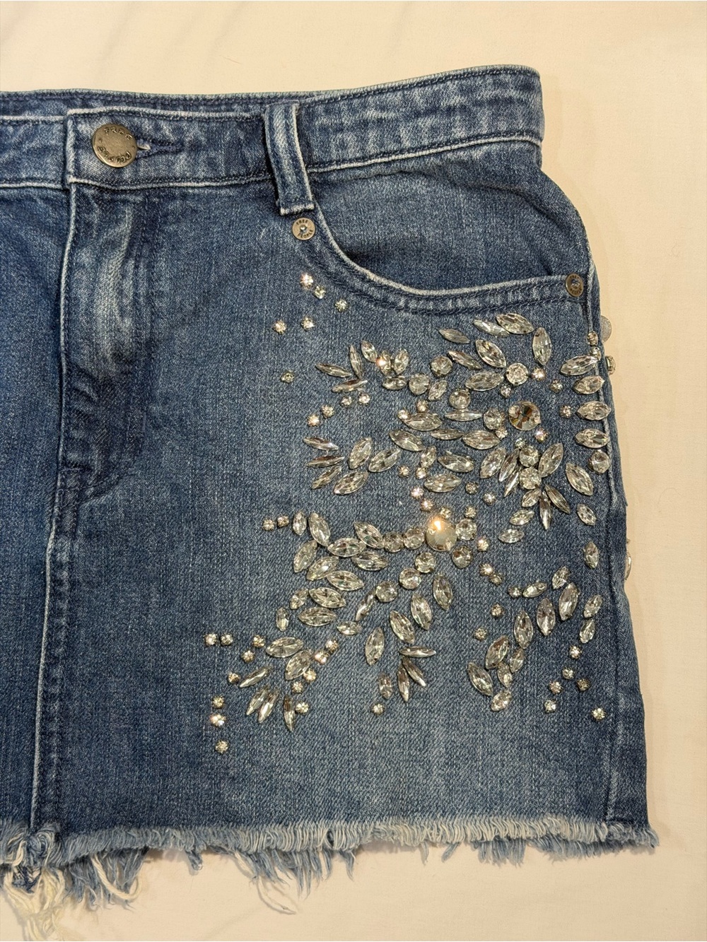 Free People Shine Bright Shine Far Denim Rhinestone Mini Skirt - Size 2 - Picture 5 of 11